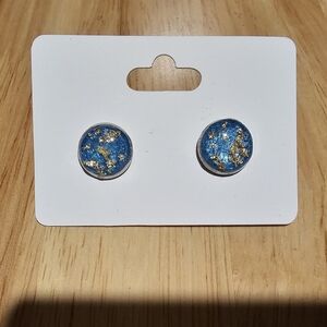 Shimmery Blue & Gold Round Stud Earrings 11mm